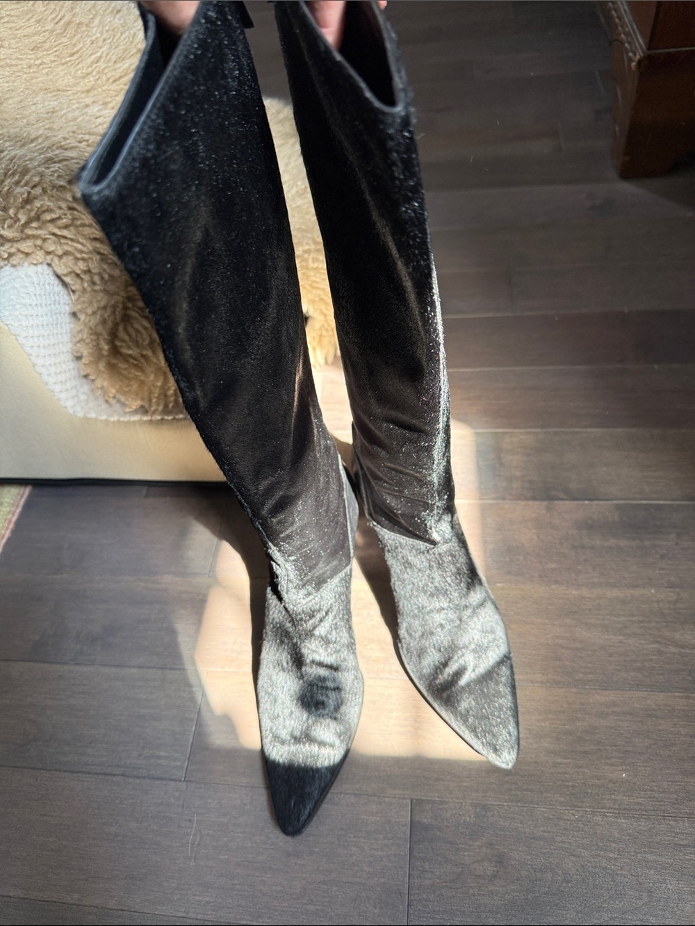 Alberta Ferretti pony hair Black Pointed Toe Knee-High Heeled Boots